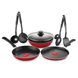 Pigeon Mio Non Induction Base Nonstick Aluminium Cookware Gift Set,8 Pieces Kitchen Set (Red)